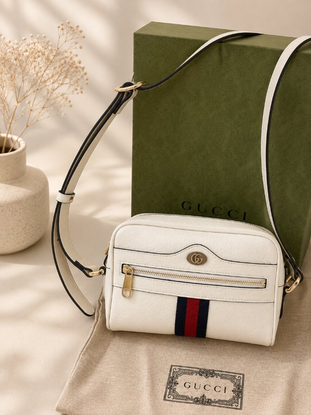 $2,400 New, Authentic GUCCI White Crossbody Bag Signature Red Navy Stripe
